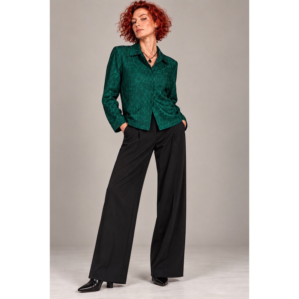 Coldwater Creek M Teal Silk Blend Textured Floral Blouse Collared